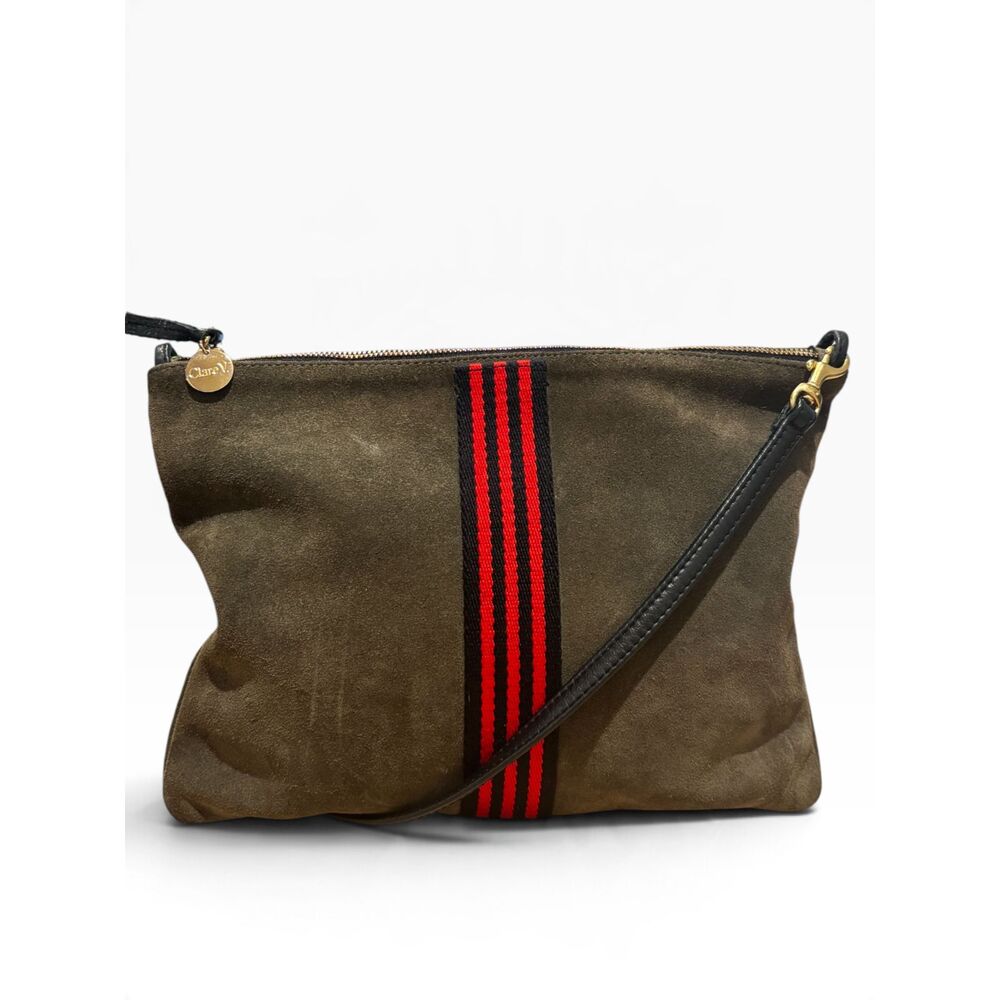Clare V. Single Sac Bretelle Army Suede Red Black Stripe Crossbody Clutch